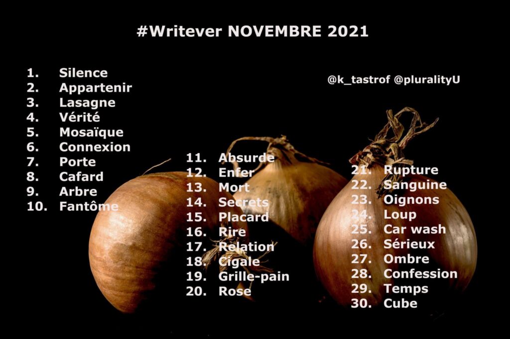 Liste des mots du défi Writever Novembre 2021. 

Liste de mots sur fond noir avec 3 oignons.