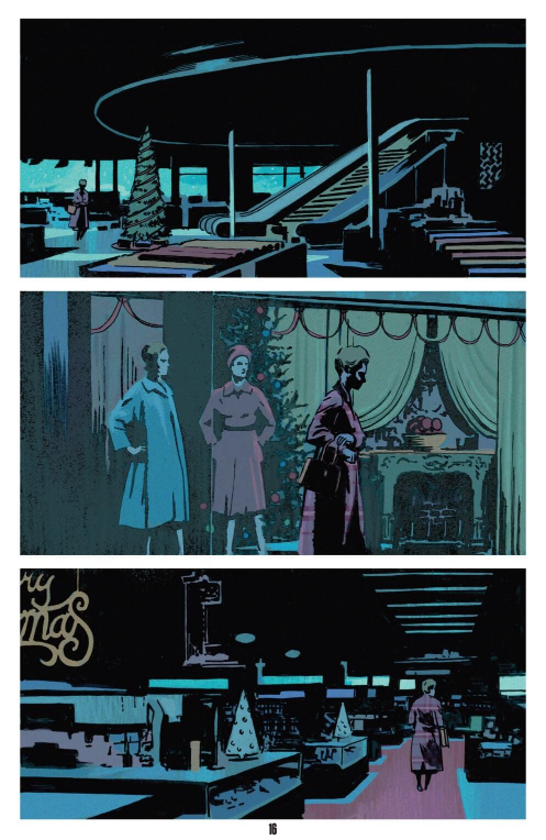 Planche en 3 cases horizontales. On y voit un grand magasin des années 70 complètement vide, une femme qui passe devant 2 mannequins de femmes habillées et la même femme qui avance dans une des allées du magasin.
 