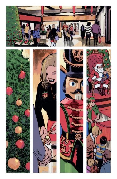 Planche en 4 cases, 1 horizontale et 3 verticales en dessous.

Un grand magasin des années 2020 plein de vie, un sapin décoré, une jeune femme présentant une montre à un client, un soldat de casse-noisette en gros plan et le père noël qui prend un enfant sur ses genoux, tandis qu'un lutin surveille la queue qui se forme pour aller voir le père noël.