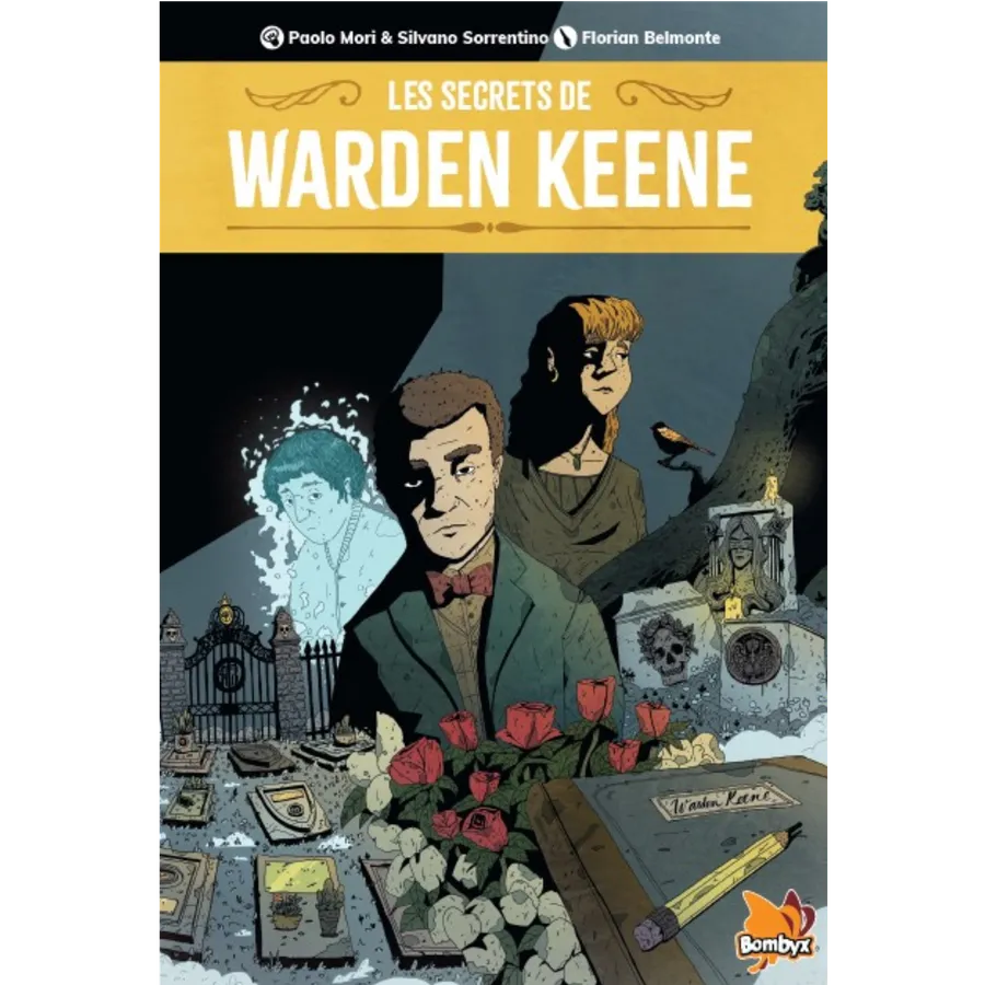 Illustration de la boite du jeu.

En dessous d'un bandeau jaune où se trouve le titre, on trouve une illustration avec tout d'abord trois personnages: celui de gauche fait la tête et est sous la forme bleutée de spectre, celui du milieu porte un noeud papillon et est le nouveau gardien du cimetière; la troisième est une jeune femme regardant un oiseau posé sur une branche. 

En dessous de ces bustes, on trouve de gauche à droite, une illustration du cimetière, des bouquets de fleurs rouges et blanches ainsi qu'un carnet sur lequel repose un crayon.